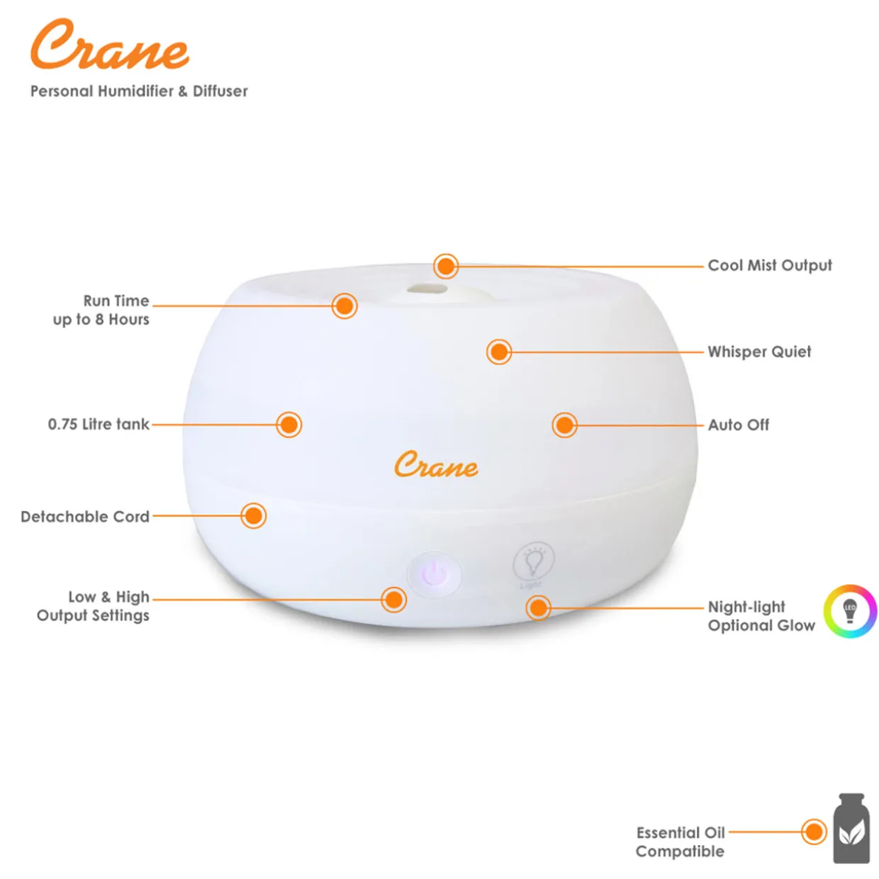 Crane Personal Humidifier & Aroma Diffuser - 0.75L