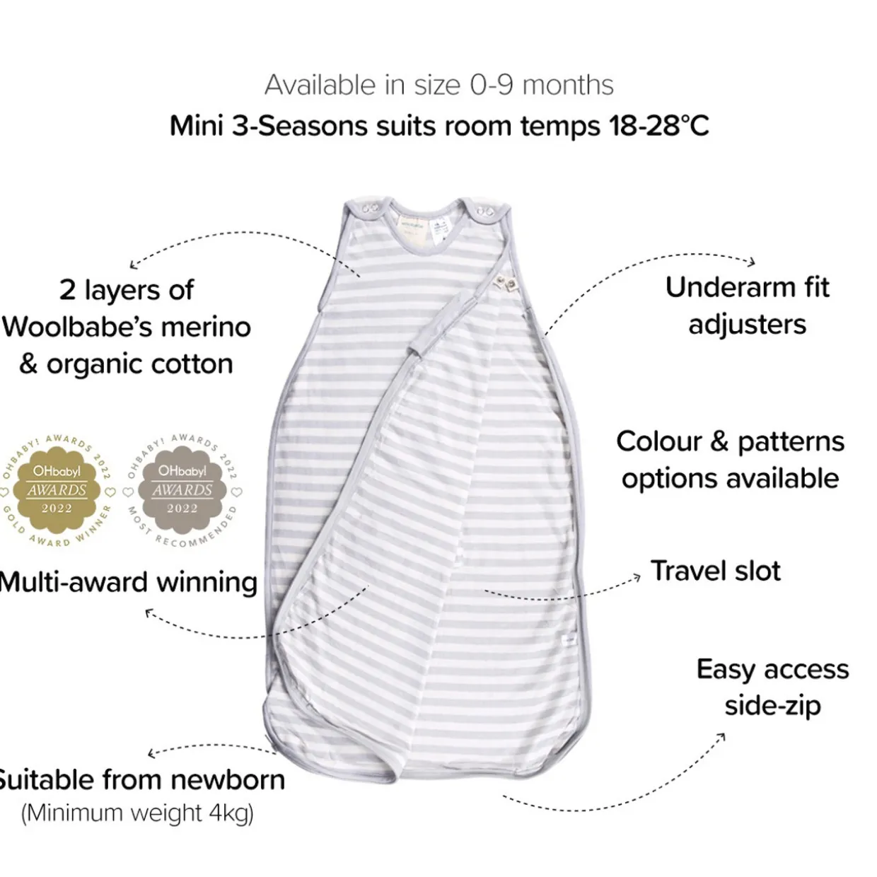 Woolbabe Mini 3-Seasons Side Zip - 0-9 months